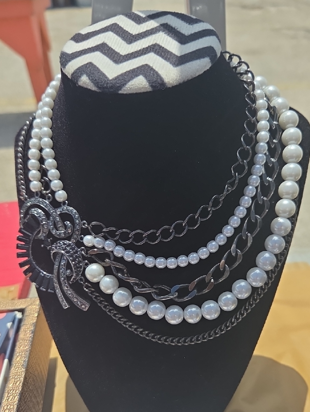 Robert Rose Vintage Multi-Strand Pearl & Black Crystal Statement Bib